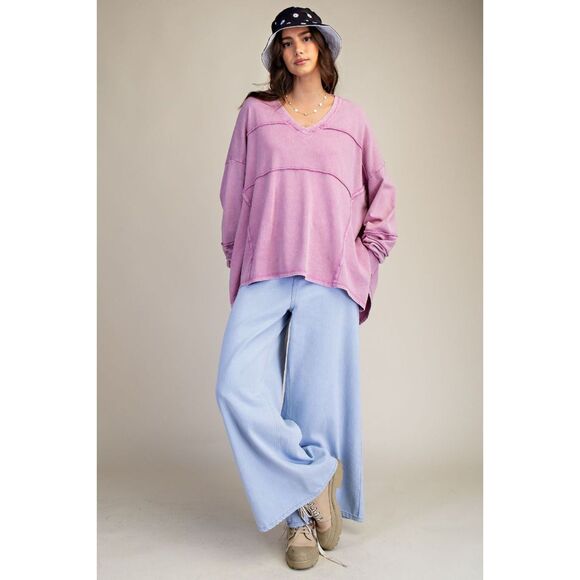 1011 EASEL Medium Mineral Washed Terry Knit V Neck Oversized Top - Picture 4 of 4